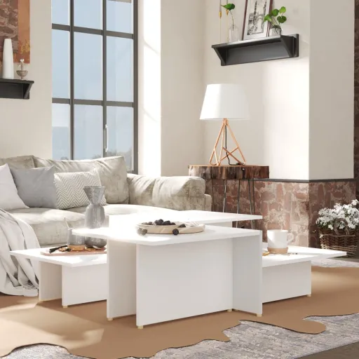 Mesa de Centro 2 Pzas Madera Contrachapada Blanco 111,5x50x33cm