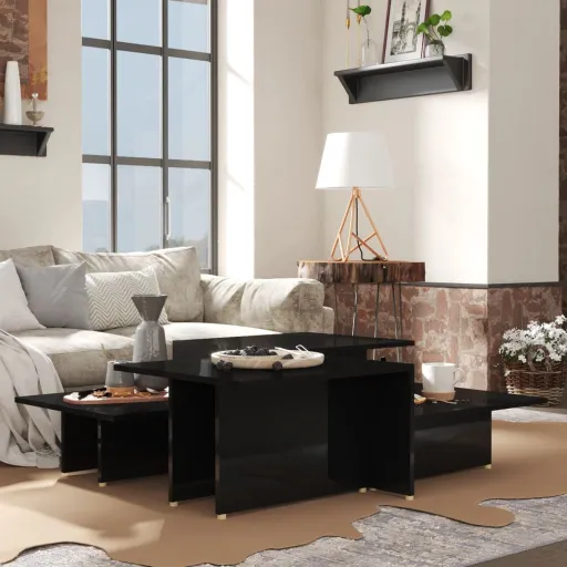 Mesa de Centro 2 Pzas Madera Contrachapada Negro 111,5x50x33cm