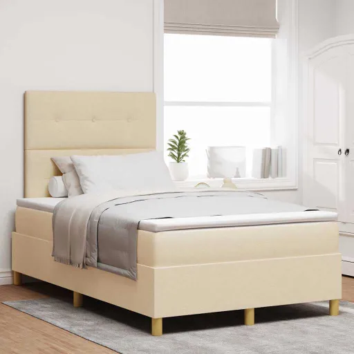 Cama Tipo Box Spring Con Cabecera Crema 120 x 190 cm Tela