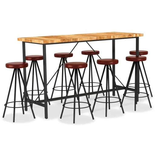 Set Muebles de Bar 9 Pzas Madera Maciza Acacia Cuero Auténtico