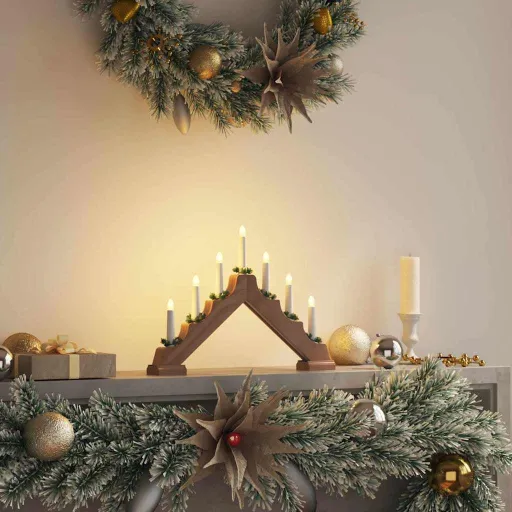 Puente de Velas Navideñas Con 7 LED Marrón 39.5 x 5 x 29 cm