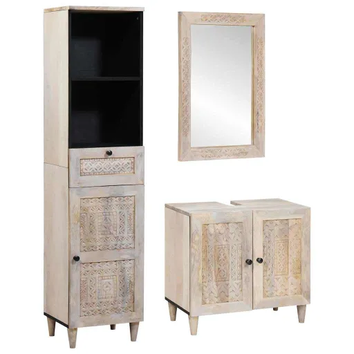 Juego de Muebles de Baño   Blanco Madera Maciza de Mango (3 pcs)