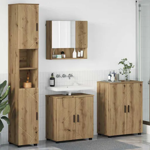 Juego de Muebles de Baño Con Puerta   Roble Artesanal (4 pcs)