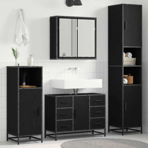 Juego de Muebles de Baño   Roble Negro Madera Contrachapada (4 pcs)