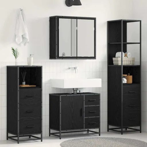 Juego de Muebles de Baño   Roble Negro Madera Contrachapada (4 pcs)