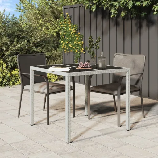 Mesa Jardín Vidrio Templado Ratán Sintético 90x90x75 cm Blanco