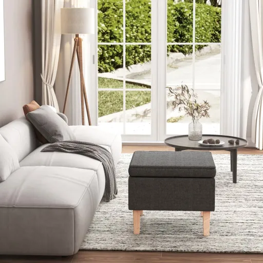 Taburete Con Patas de Madera Tapizado Tejido Gris Oscuro