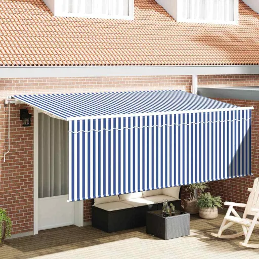 Toldo Retráctil Rayado Azul y Blanco 350 x 200 cm Tela y Metal