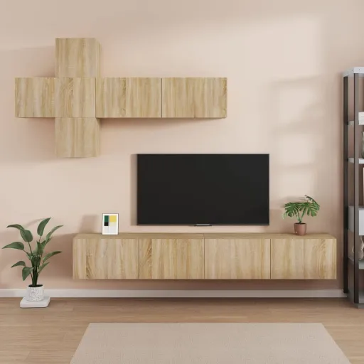 Set de Muebles Para TV 7 Pzas Madera Contrachapada Roble Sonoma