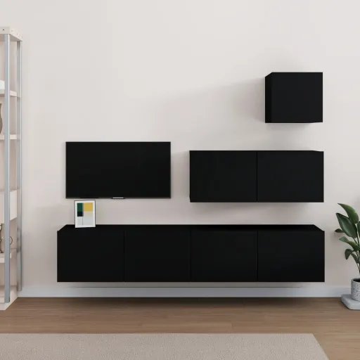 Set de Muebles Para TV 4 Piezas Madera Contrachapada Negro