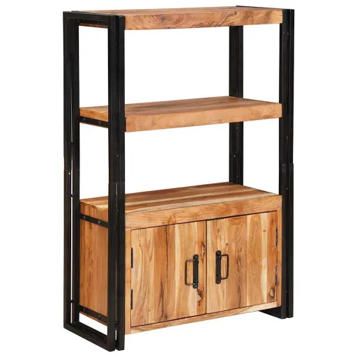 Estante de Libros Con Puertas Madera Maciza de Acacia y Metal