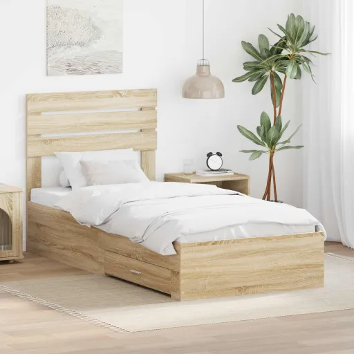 Estructura de Cama Con Cajón Roble Sonoma y Plata 75 x 190 cm
