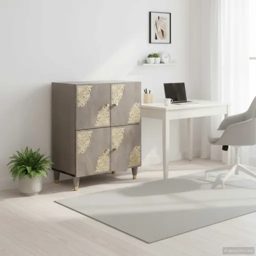 Aparador Gris y Dorado 60 x 33 x 75 cm Madera de Mango Maciza