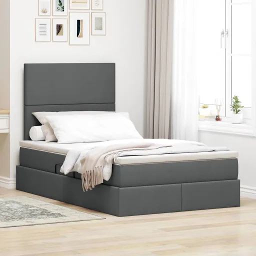 Cama Con Almacenamiento y Colchón Gris Oscuro 120 x 190 cm Tela