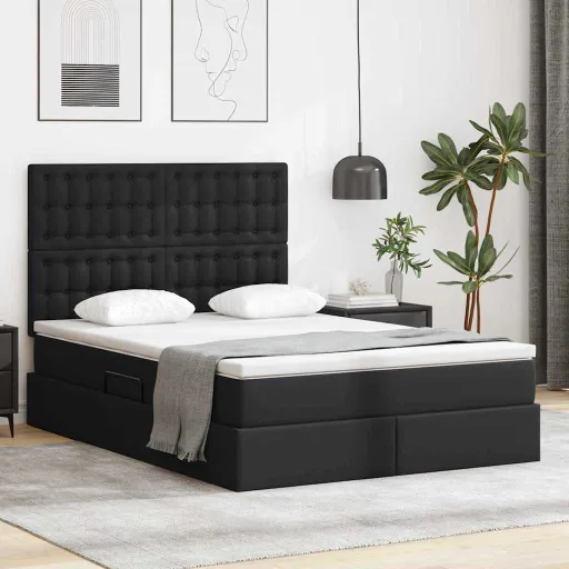 Cama Con Almacenamiento y LED Con Colchón Negro 140 x 190 cm