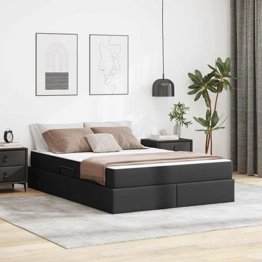 Cama Con Almacenamiento y Colchón Con Colchón   Negro Cuero (2 pcs)
