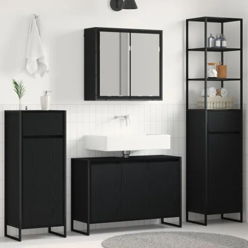 Juego de Muebles de Baño Roble Negro Madera de Ingeniería