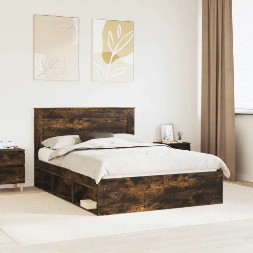 Estructura de Cama Con Cabecera Roble Ahumado 140 x 200 cm