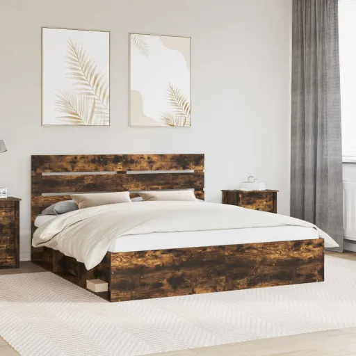 Estructura de Cama Con Cabecera Roble Ahumado 200 x 200 cm