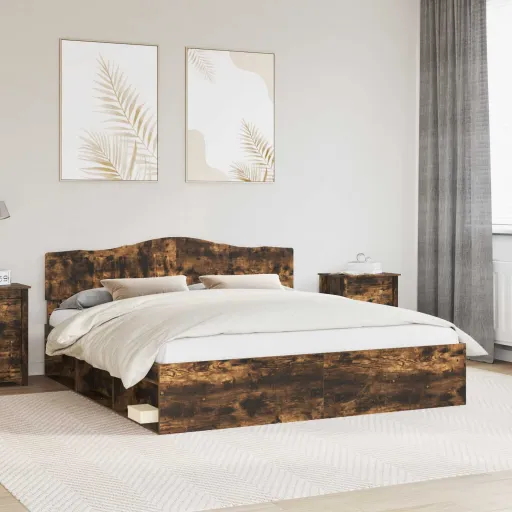 Estructura de Cama Con Cabecera Roble Ahumado 200 x 200 cm