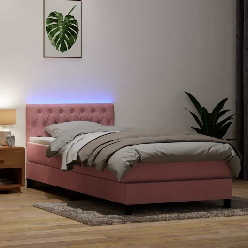 Cama Box Spring Con Colchón y LED Terciopelo Rosa 100x210 cm