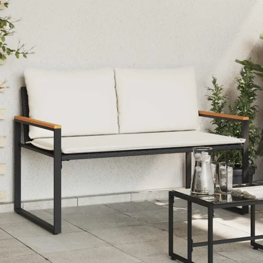 Banco Con Cojín Negro y Crema 115 x 65 x 72 cm Ratán