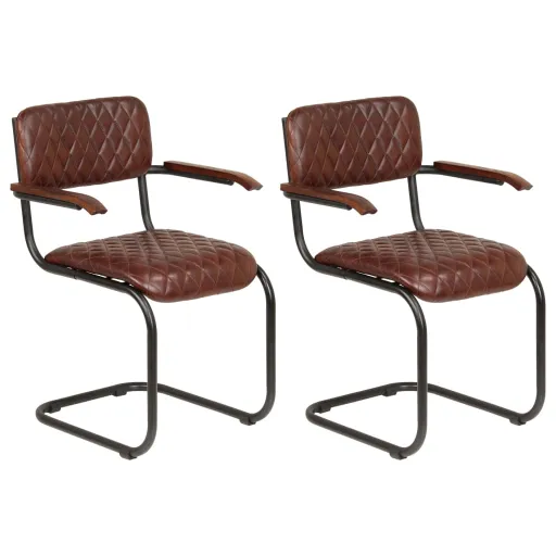 Sillas de Comedor Con Reposabrazos 2 Uds Cuero Auténtico Marrón