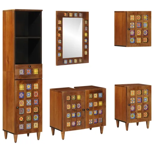 Juego de Muebles de Baño   Nogal Madera de Mango Maciza (5 pcs)