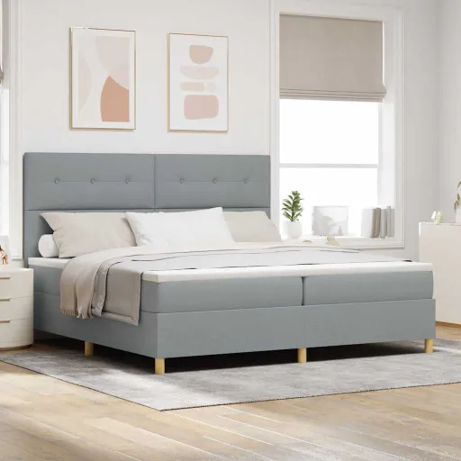 Cama Tipo Box Spring Con Colchón Gris Claro 200 x 200 cm Tela