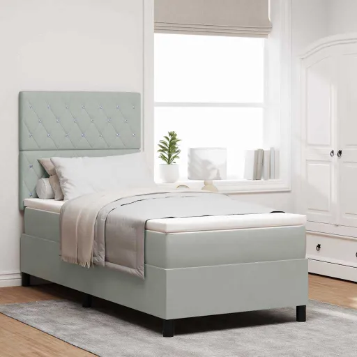 Cama Tipo Box Spring Con Colchón Gris Claro 90 x 200 cm Tela