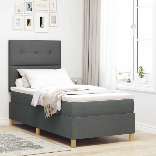 Cama Box Spring LED Con Colchón Gris Oscuro 100 x 200 cm Tela