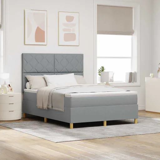 Cama Box Spring LED Con Colchón Gris Claro 140 x 190 cm Tela
