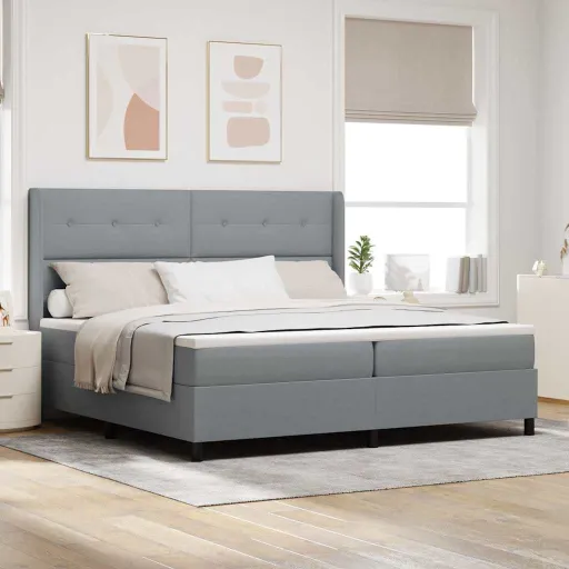 Cama Box Spring LED Con Colchón Gris Claro 200 x 200 cm Tela