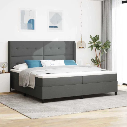 Cama Box Spring LED Con Colchón Gris Oscuro 200 x 200 cm Tela