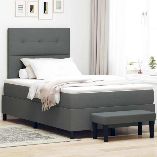 Cama Tipo Box Spring Con Colchón Gris Oscuro 120 x 190 cm Tela