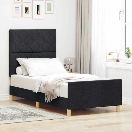 Estructura de Cama Con Cabecera Negro 90 x 200 cm Tela