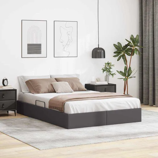 Cama Con Almacenamiento Gris 140 x 200 cm Cuero Sintético