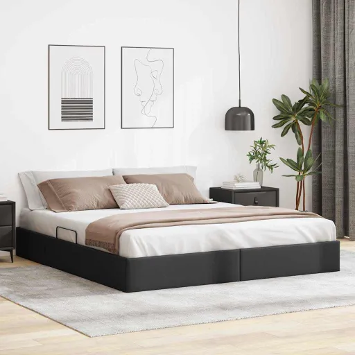 Cama Con Almacenamiento Negro 160 x 200 cm Cuero Sintético