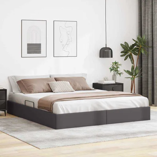 Cama Con Almacenamiento Gris 180 x 200 cm Cuero Sintético