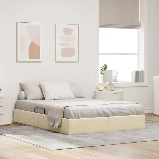 Cama Con Almacenamiento Con Cabecera Crema 140 x 190 cm Tela