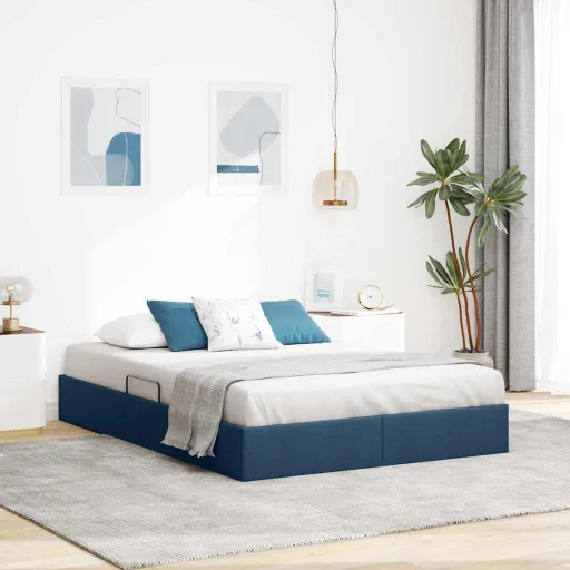 Cama Con Almacenamiento Con Cabecera Azul 140 x 200 cm Tela