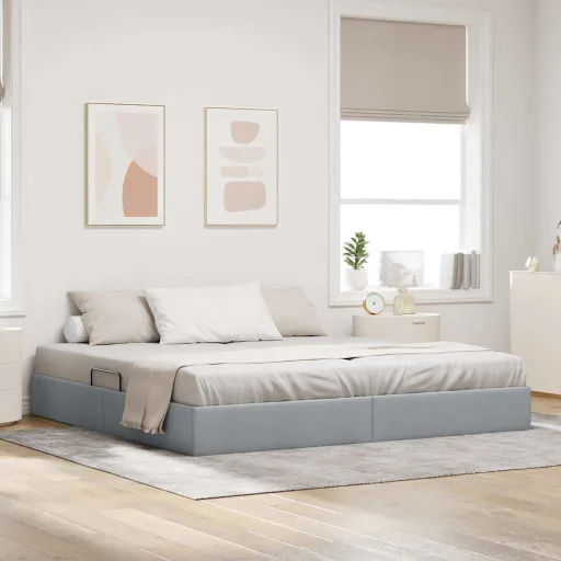 Cama Con Almacenamiento Gris Claro 200 x 200 cm Tela