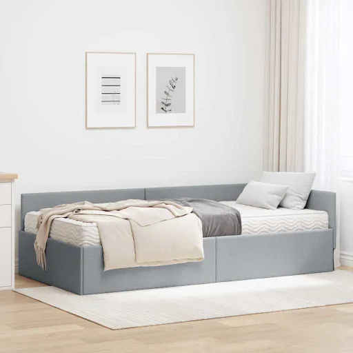 Estructura de Cama Esquina Con Colchón   Gris Claro Tela (2 pcs)