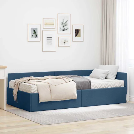 Estructura de Cama Esquina Con Colchón Otro   Azul Tela (2 pcs)