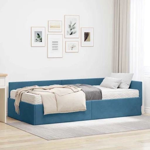 Estructura de Cama Esquina Con Colchón   Azul Terciopelo (2 pcs)