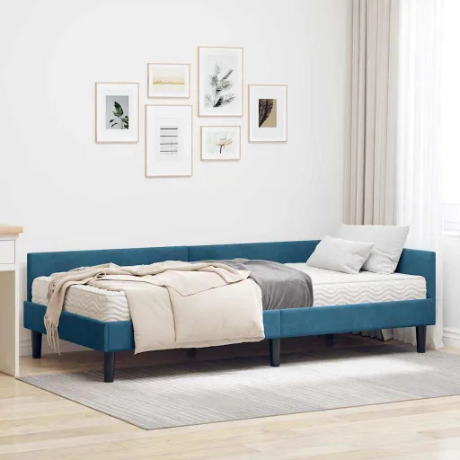 Estructura de Cama Esquina Con Colchón   Azul Terciopelo (2 pcs)