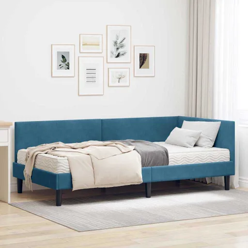 Estructura de Cama Esquina Con Colchón   Azul Terciopelo (2 pcs)