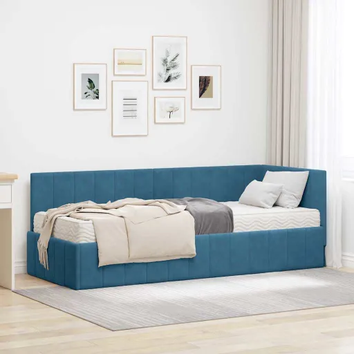 Estructura de Cama Esquina Con Colchón   Azul Terciopelo (2 pcs)