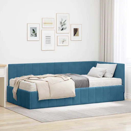 Estructura de Cama Esquina Con Colchón   Azul Terciopelo (2 pcs)