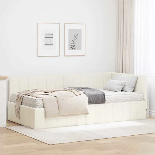Estructura de Cama Esquina Con Colchón   Crema Terciopelo (2 pcs)